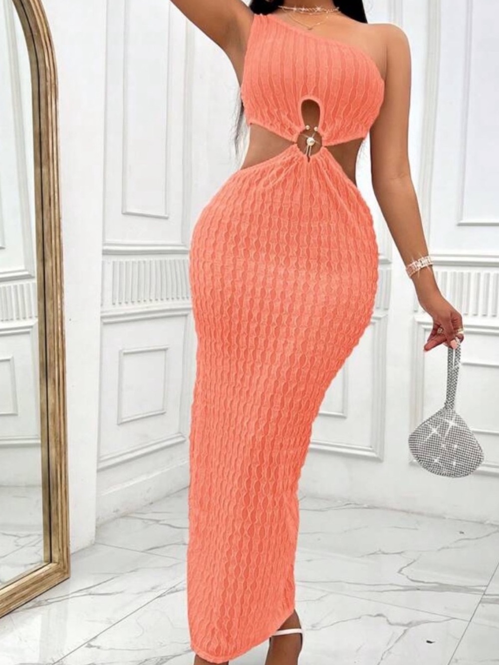 One Shoulder Textured Bodycon Coral Orange Cutout Textured Maxi Dress M Medium